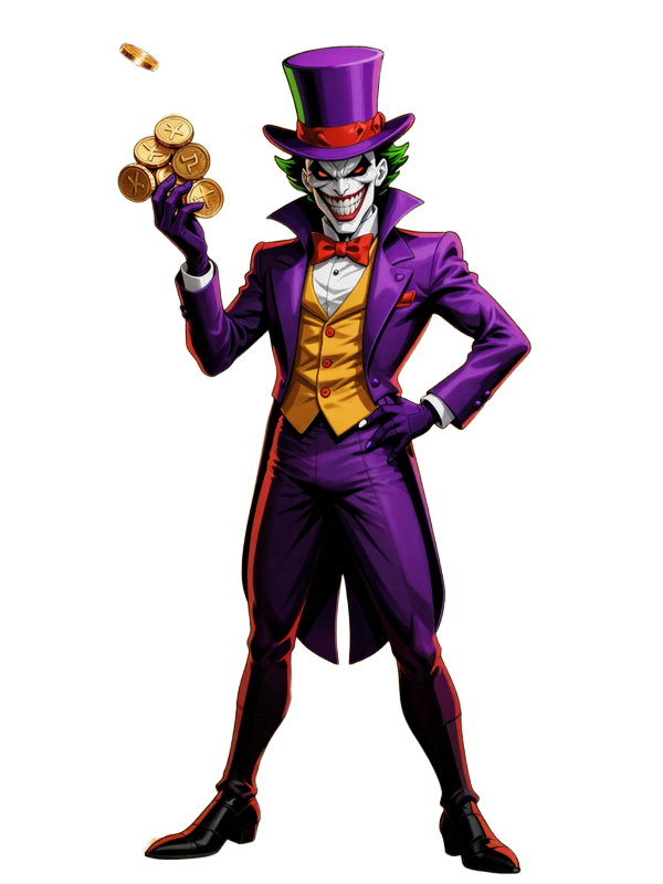 Joker-Maskottchen als Spielleiter mit Zylinder, goldenen Clown-M&uuml;nzen und Spielkarten vor schwarzem Neon-Hintergrund