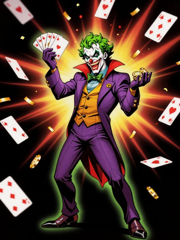 Joker-Maskottchen von Jokery Casino mit b&ouml;sem Grinsen, Karten und Casino-Chips in der Hand vor schwarzem Neon-Hintergrund