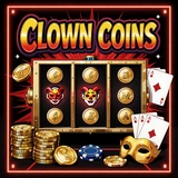 Clown Coins Slot mit goldenen Joker-M&uuml;nzen und Karten im Pop-Art-Stil