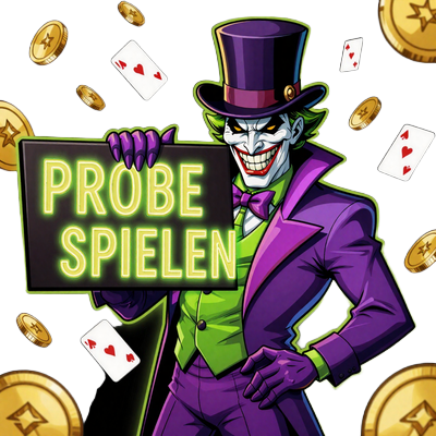 Joker-Maskottchen h&auml;lt ein Schild mit der Aufschrift PROBE SPIELEN im Neon-Stil